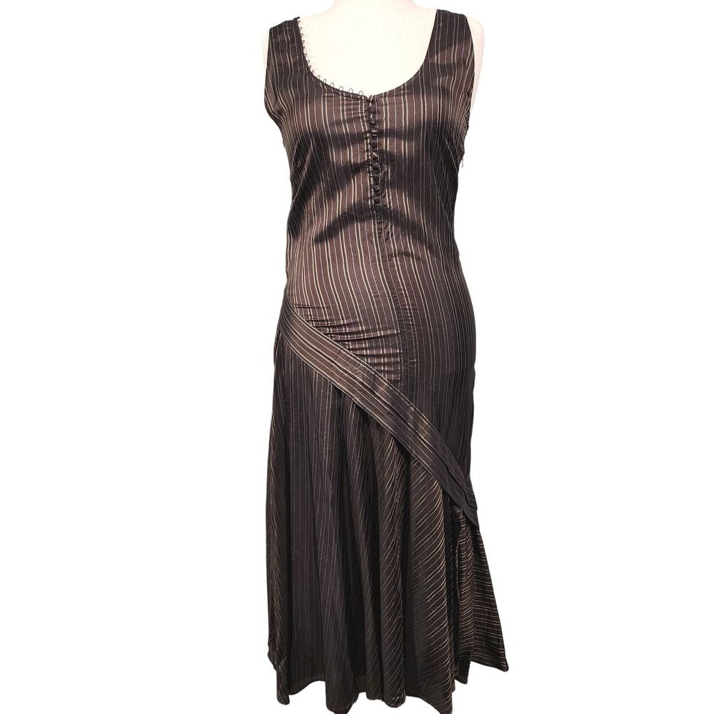 Dries Van Noten Midi Dress Women 38 Brown Striped Cupro Asymmetric Avant Garde